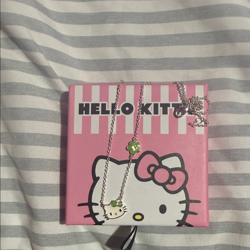 Hello Kitty Silver Necklace with Green Bow